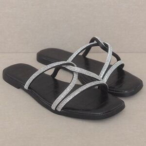 Oasis Society Bonnie Black Croc Rhinestone Strappy Square Toe Slide Sandals 7.5